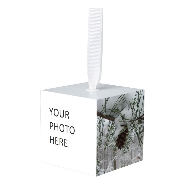 Snowy Pine Branch Winter Nature Photography Cube Ornament (Front Angled)
