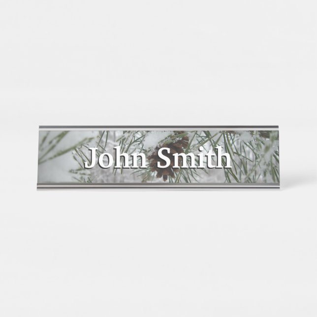Snowy Pine Branch Winter Nature Photography Desk Name Plate (Front)