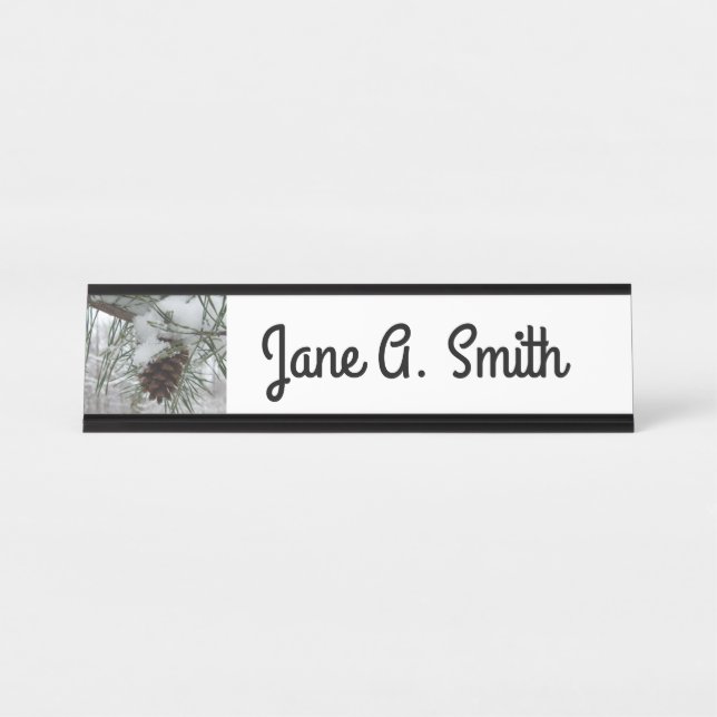 Snowy Pine Branch Winter Nature Photography Desk Name Plate (Front)