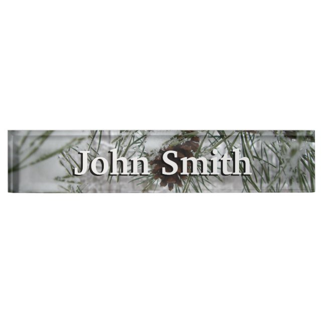 Snowy Pine Branch Winter Nature Photography Desk Name Plate (Front)