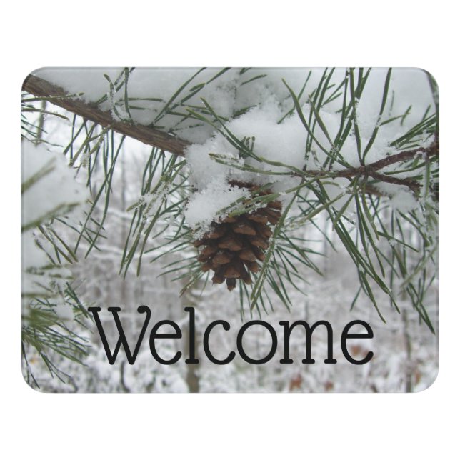 Snowy Pine Branch Winter Nature Photography Door Sign (Contemporary Front)
