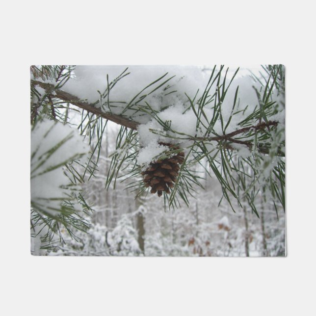 Snowy Pine Branch Winter Nature Photography Doormat (Front)