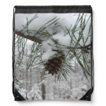 Snowy Pine Branch Winter Nature Photography Drawstring Bag