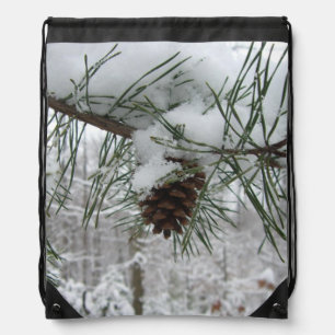 Snowy Pine Branch Winter Nature Photography Drawstring Bag