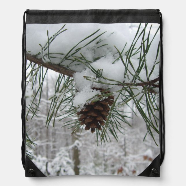 Snowy Pine Branch Winter Nature Photography Drawstring Bag (Front)