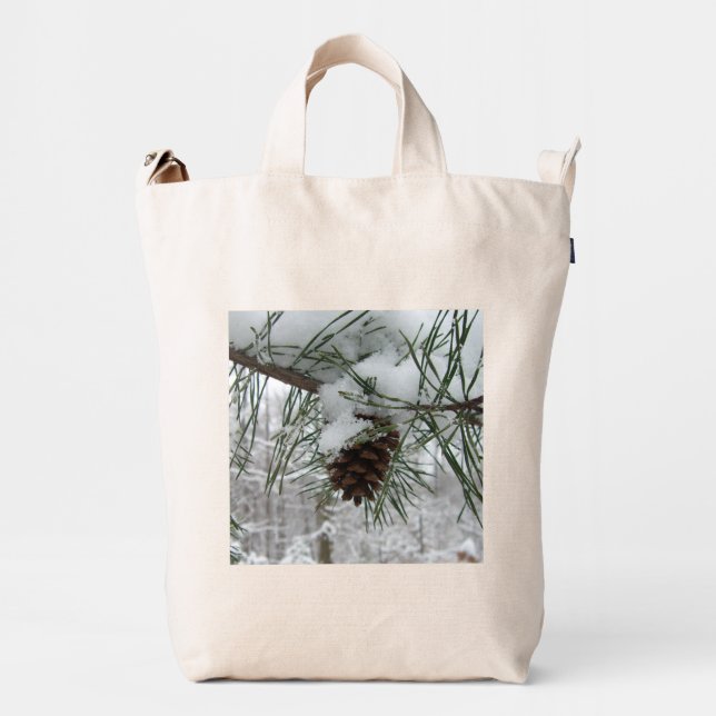 Snowy Pine Branch Winter Nature Photography Duck Bag (Front)