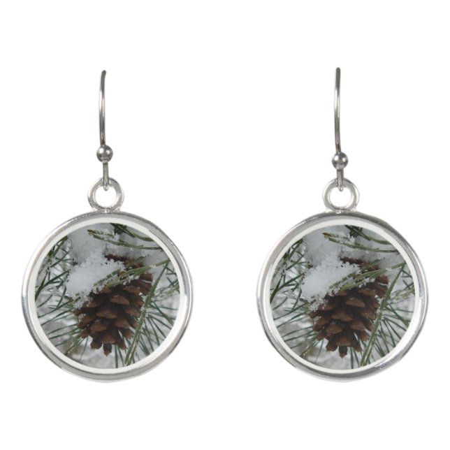 Snowy Pine Branch Winter Nature Photography Earrings (Front)