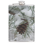 Snowy Pine Branch Winter Nature Photography Flask