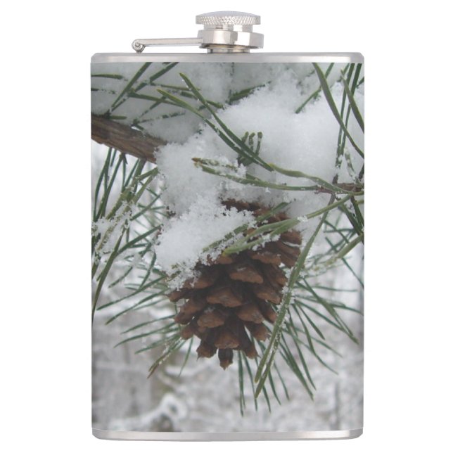 Snowy Pine Branch Winter Nature Photography Flask (Front)