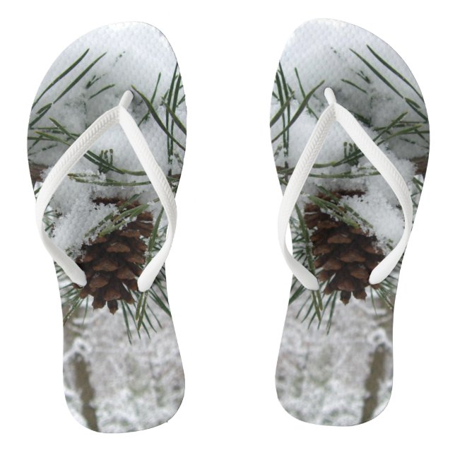 Snowy Pine Branch Winter Nature Photography Flip Flops (Footbed)