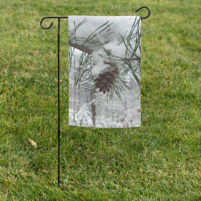 Snowy Pine Branch Winter Nature Photography Garden Flag (In SItu)
