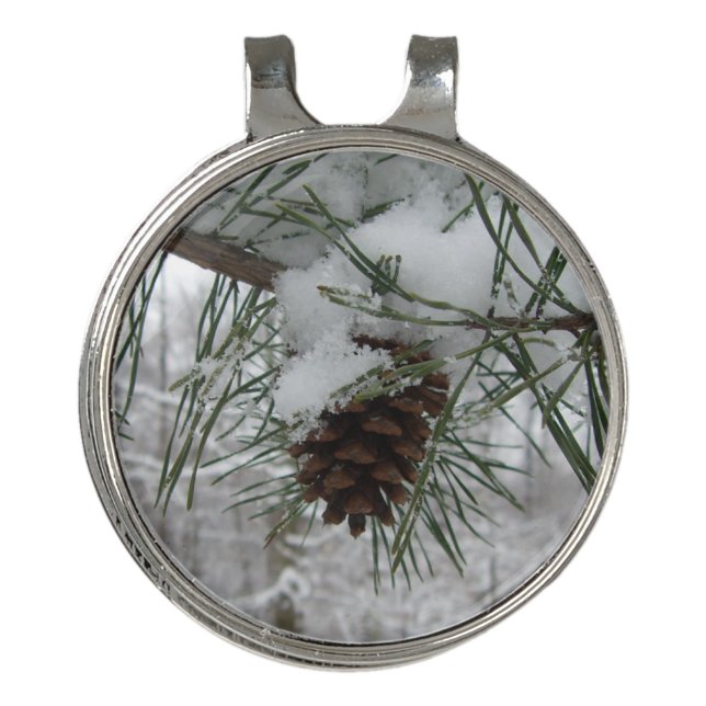 Snowy Pine Branch Winter Nature Photography Golf Hat Clip (Front)
