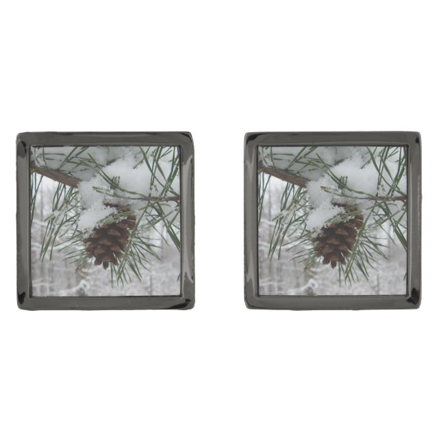 Snowy Pine Branch Winter Nature Photography Gunmetal Finish Cufflinks (Front)