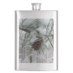 Snowy Pine Branch Winter Nature Photography Hip Flask