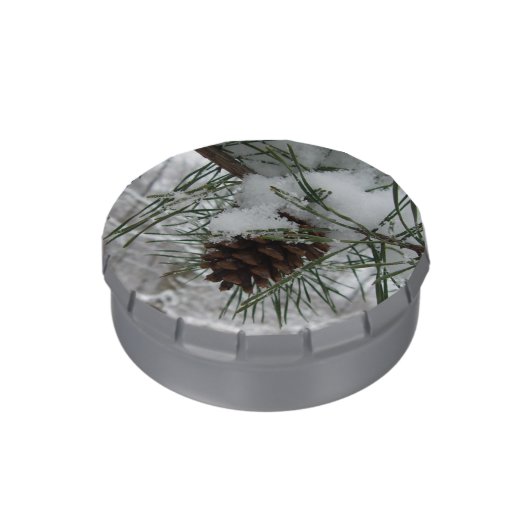 Snowy Pine Branch Winter Nature Photography Jelly Belly Tin (Side)