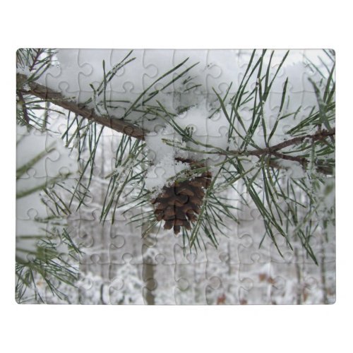 Snowy Pine Branch Winter Nature Photography Jigsaw Puzzle