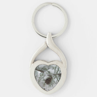 Snowy Pine Branch Winter Nature Photography Keychain