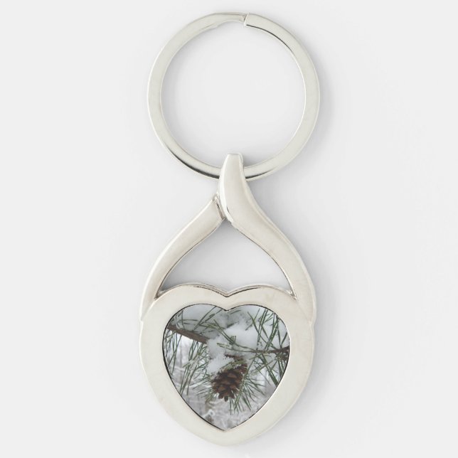 Snowy Pine Branch Winter Nature Photography Keychain (Front)