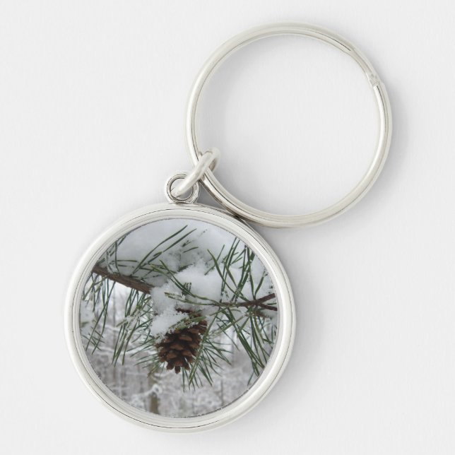 Snowy Pine Branch Winter Nature Photography Keychain (Front)