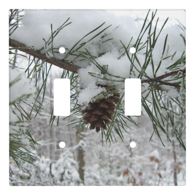 Snowy Pine Branch Winter Nature Photography Light Switch Cover (Front)