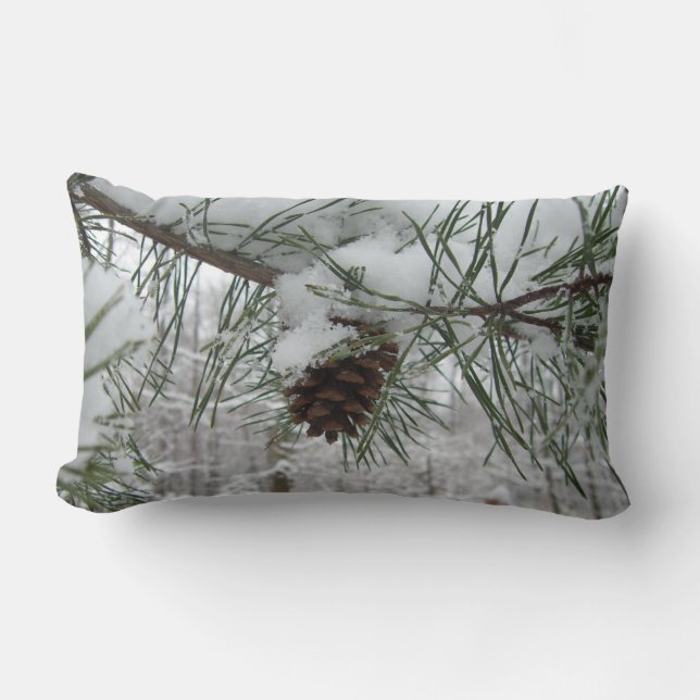 Snowy Pine Branch Winter Nature Photography Lumbar Pillow (Front)