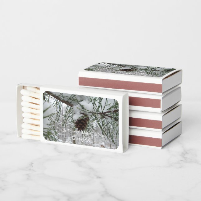 Snowy Pine Branch Winter Nature Photography Matchboxes (Stacked)