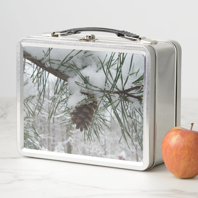 Snowy Pine Branch Winter Nature Photography Metal Lunch Box (In Situ)
