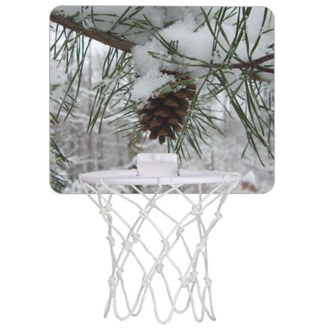 Snowy Pine Branch Winter Nature Photography Mini Basketball Hoop (Front)