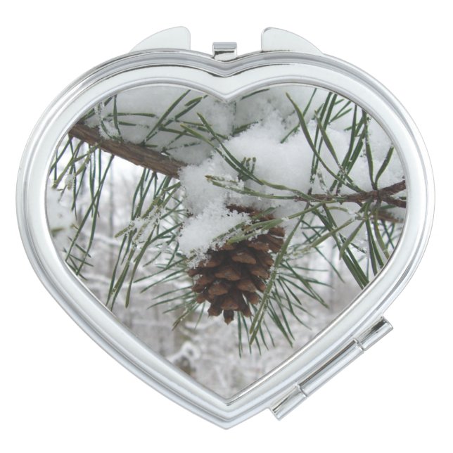 Snowy Pine Branch Winter Nature Photography Mirror For Makeup (Front)