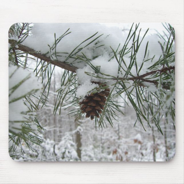 Snowy Pine Branch Winter Nature Photography Mouse Pad (Front)