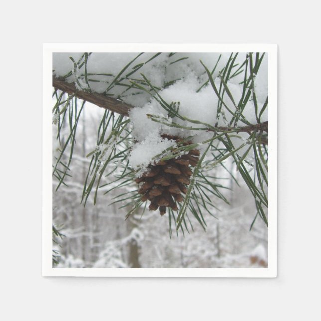 Snowy Pine Branch Winter Nature Photography Napkins (Front)