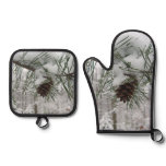 Snowy Pine Branch Winter Nature Photography Oven Mitt & Pot Holder Set