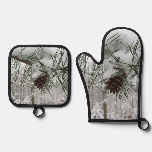 Snowy Pine Branch Winter Nature Photography Oven Mitt & Pot Holder Set (Front)