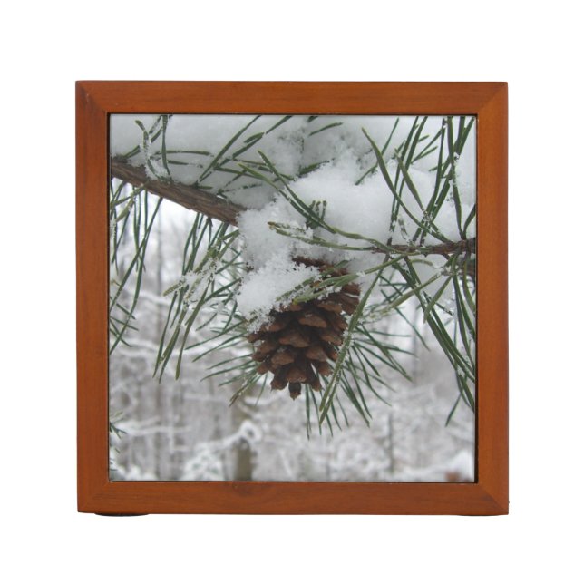 Snowy Pine Branch Winter Nature Photography Pencil Holder (Front)