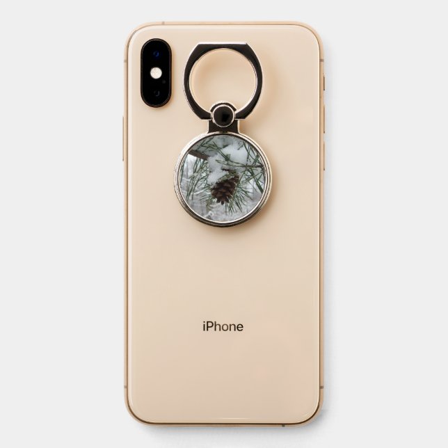 Snowy Pine Branch Winter Nature Photography Phone Ring Stand (On Phone)