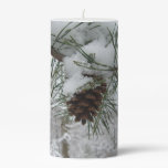 Snowy Pine Branch Winter Nature Photography Pillar Candle
