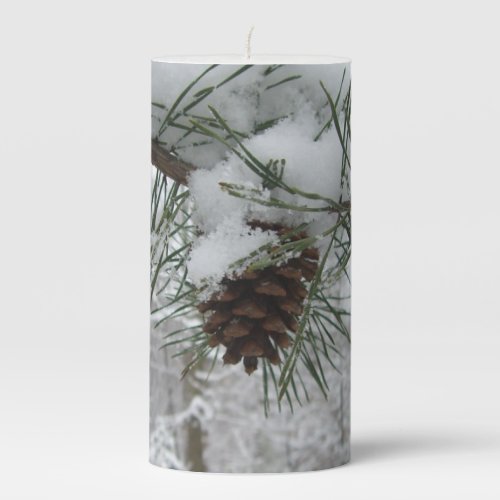 Snowy Pine Branch Winter Nature Photography Pillar Candle