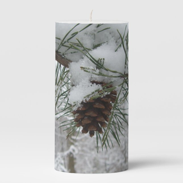 Snowy Pine Branch Winter Nature Photography Pillar Candle (Front)