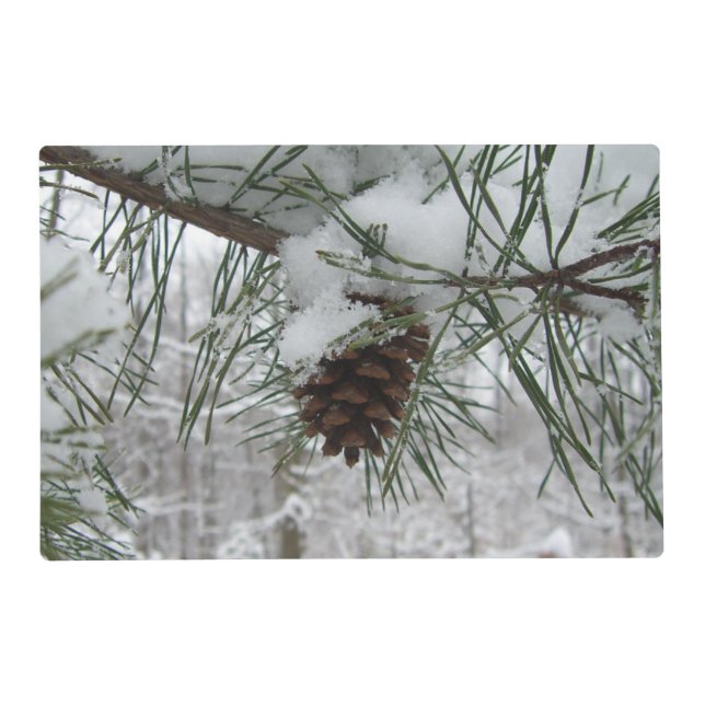 Snowy Pine Branch Winter Nature Photography Placemat (Front)