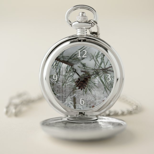 Snowy Pine Branch Winter Nature Photography Pocket Watch (Inside)