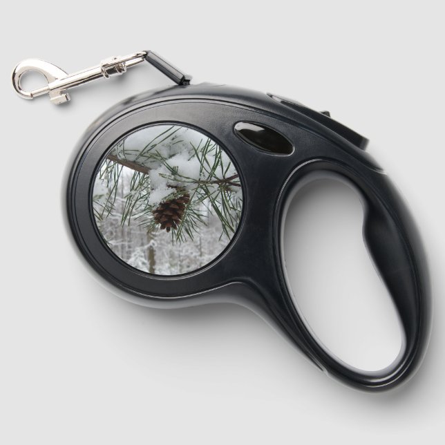 Snowy Pine Branch Winter Nature Photography Retractable Pet Leash (Front)