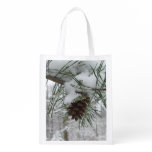 Snowy Pine Branch Winter Nature Photography Reusable Grocery Bag