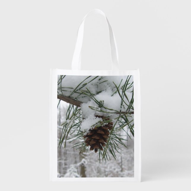 Snowy Pine Branch Winter Nature Photography Reusable Grocery Bag (Front)