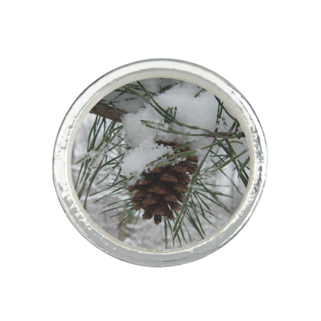 Snowy Pine Branch Winter Nature Photography Ring (Front)