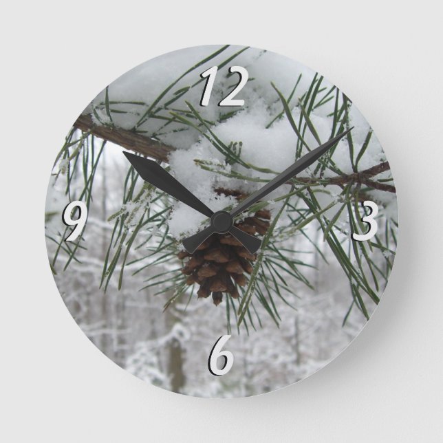 Snowy Pine Branch Winter Nature Photography Round Clock (Front)
