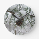 Snowy Pine Branch Winter Nature Photography Round Clock