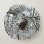 Snowy Pine Branch Winter Nature Photography Round Pillow