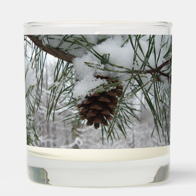 Snowy Pine Branch Winter Nature Photography Scented Candle (Front)