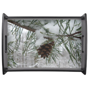 Snowy Pine Branch Winter Nature Photography Serving Tray