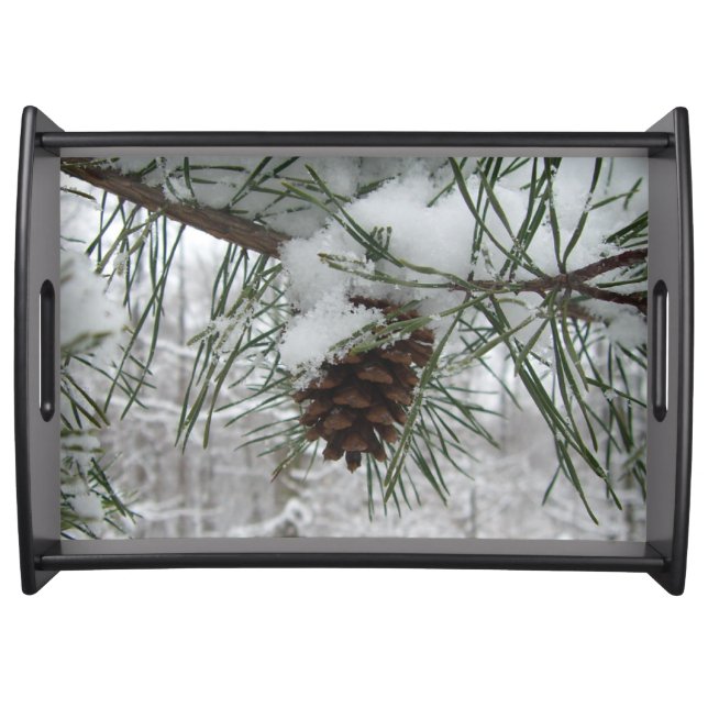 Snowy Pine Branch Winter Nature Photography Serving Tray (Front)